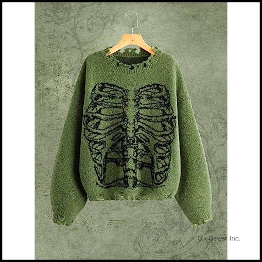 Oversized Skeleton Pattern Ripped Pullover Sweate… - image 3